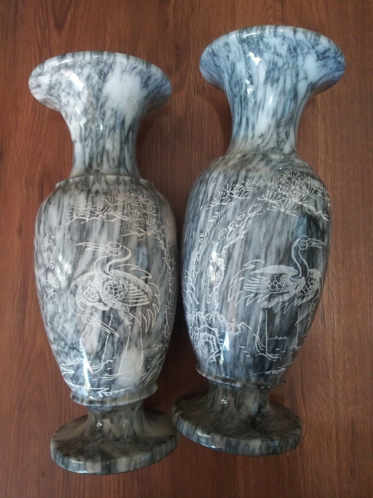 Vintage 1960s Pair Of Etched Marble Vases With Herons. Design. 12.5 inches tall