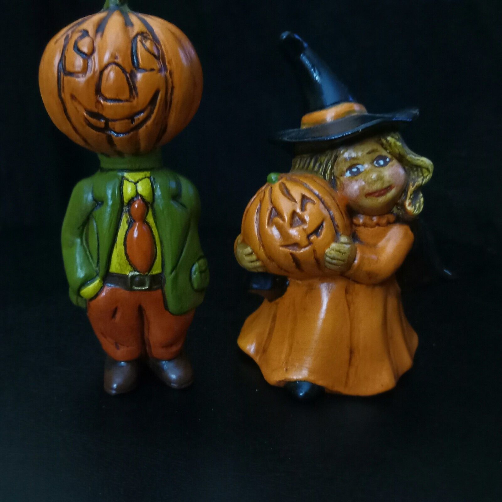 Vintage Anthropomorphic Orange Pumpkin Head Man & Adorable Witch Girl Figurine