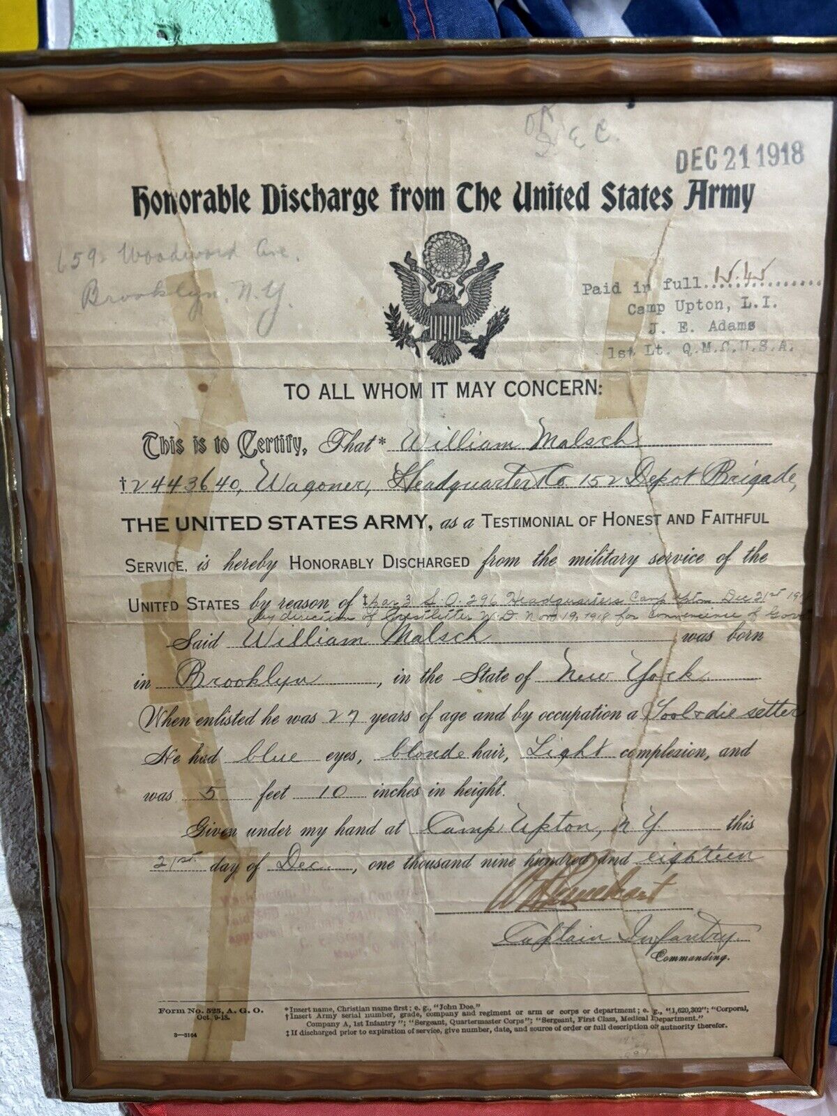 Pre WWII U S Army Certificate of Service and Honorable Discharge Papers 1918
