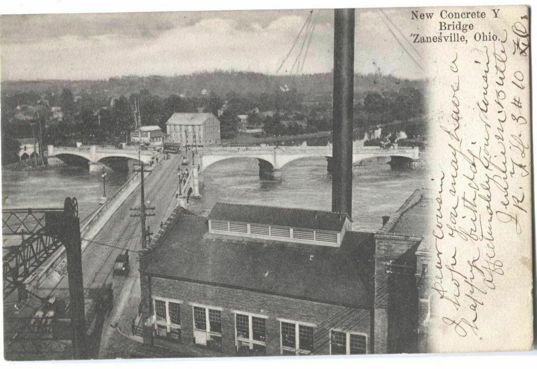 Postcard New Concrete Y Bridge Zanesville OH 1907