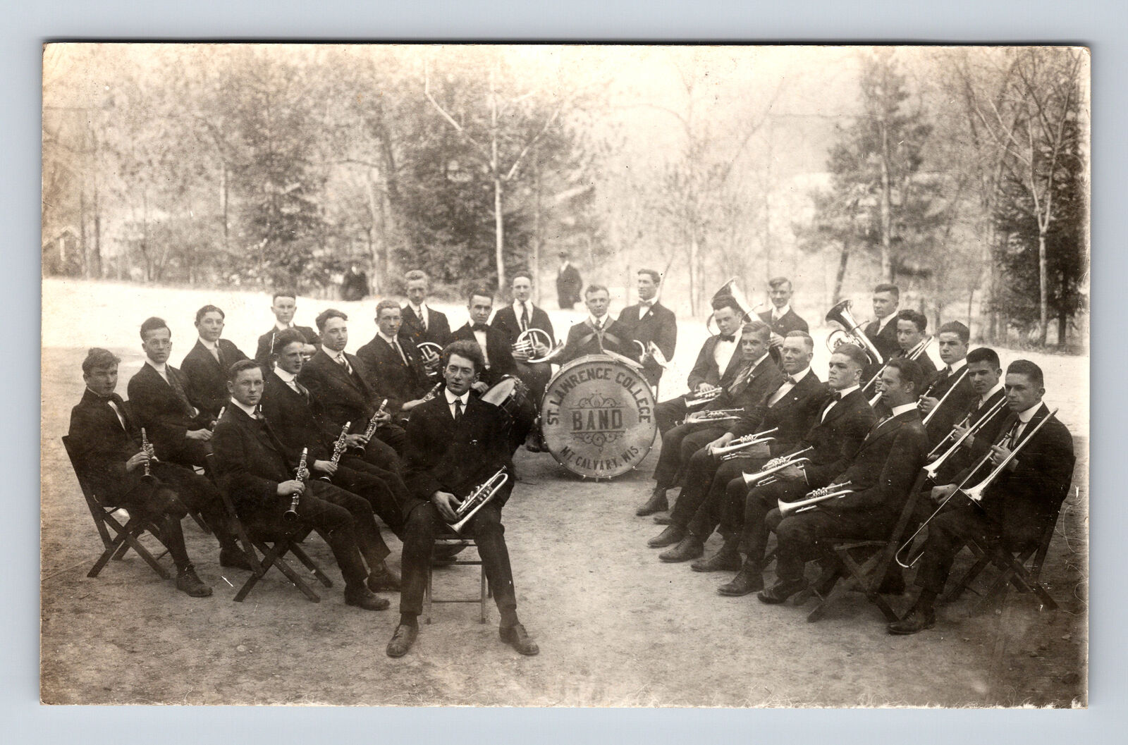 RPPC St. Lawrence College Music Band Portrait Mt. Calvary Wisconsin WI Postcard