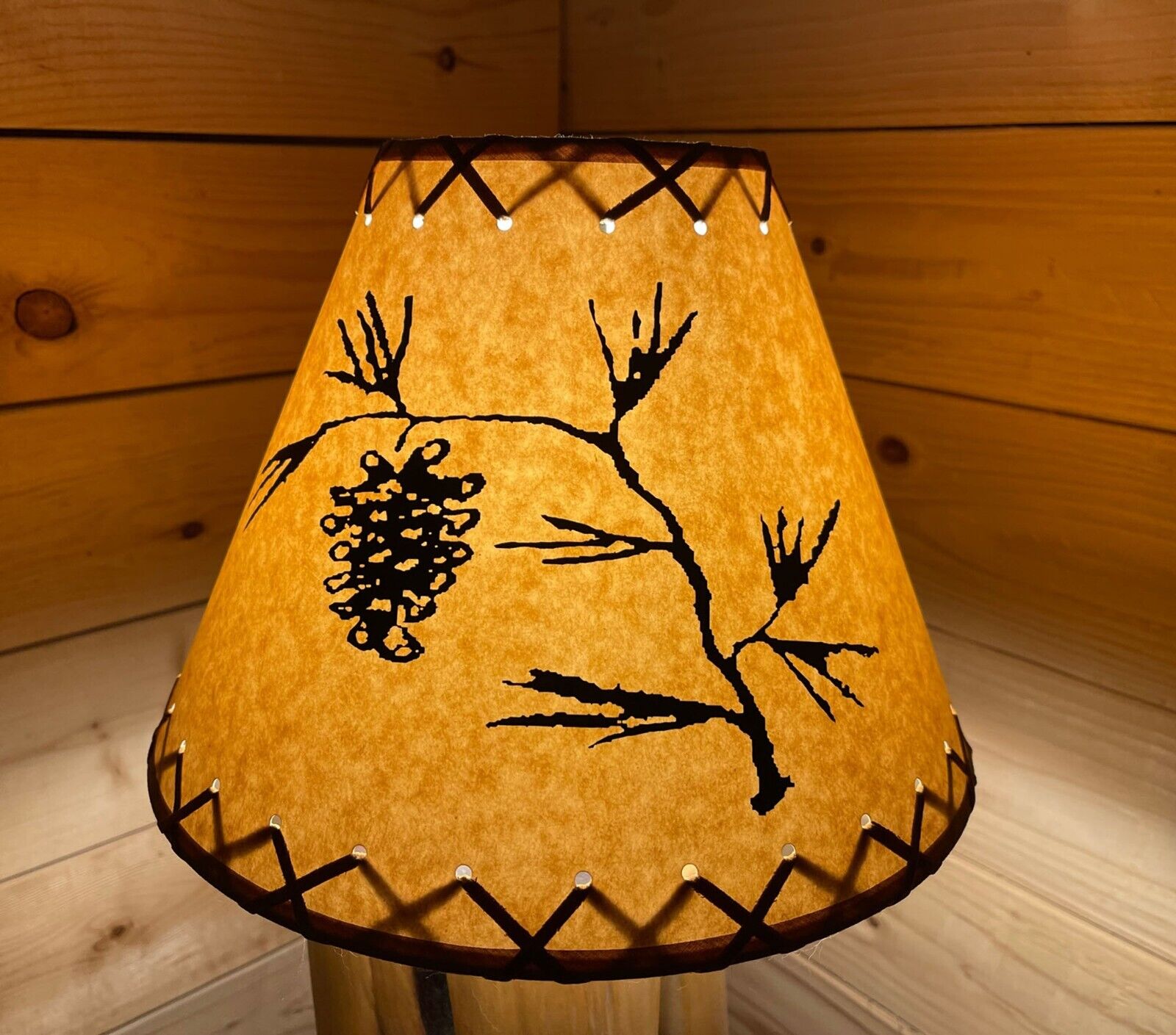 Rustic Oiled Craft Lamp Shade with Pine Cone Design - 12\