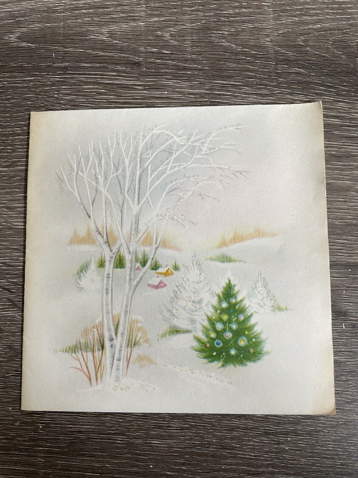 Vintage Christmas Card, Birch wood Tree Forest Flocked Snow Norcross, Used