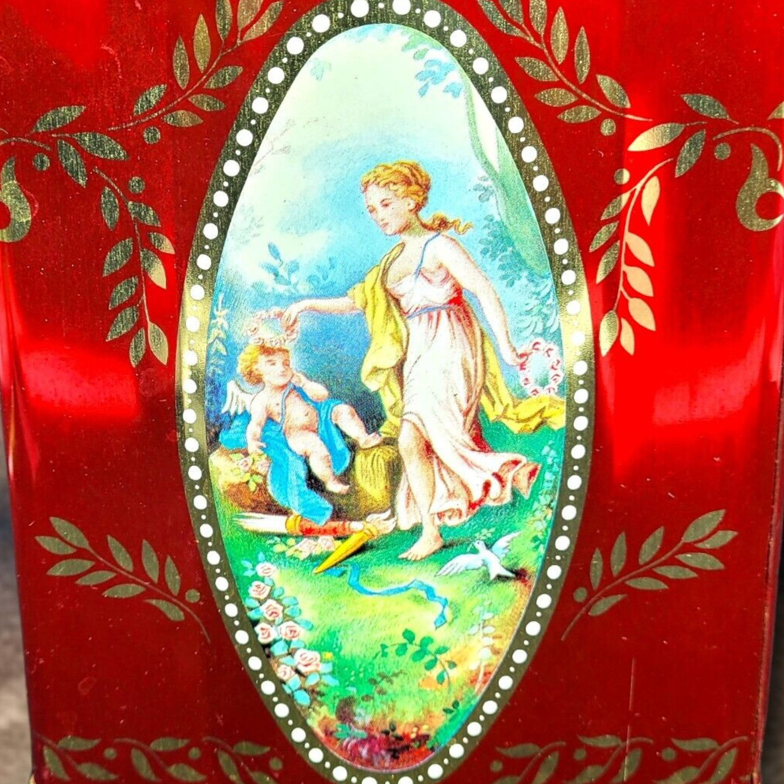 Cupid and Psyche Tea Tin with Lid Red Gold Biscuit Cookie Tin Vine Dove Mandolin