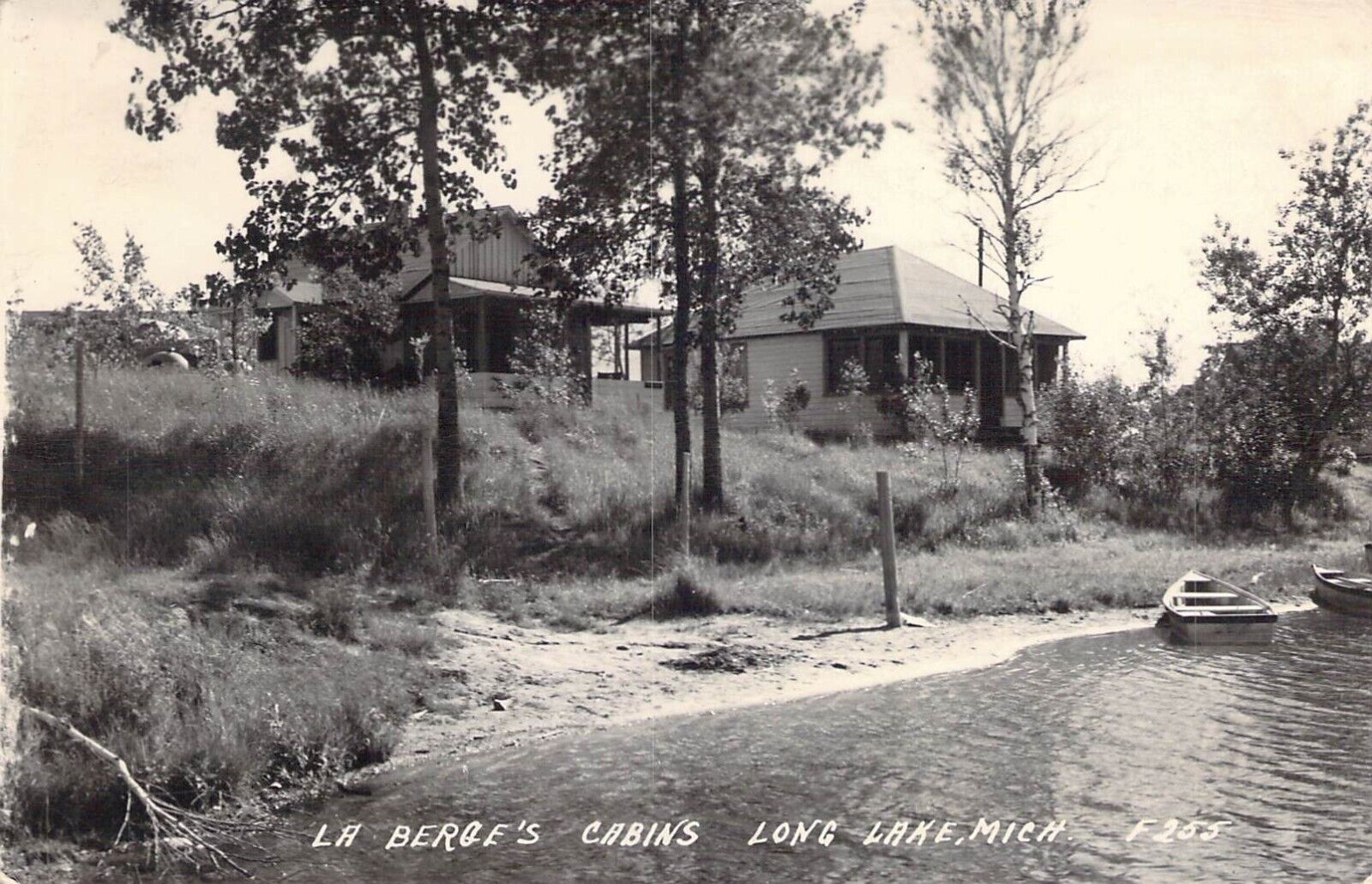 La Berge\'s Cabins. Lone Lake, MI Real Photo Postcard. Rowboats.