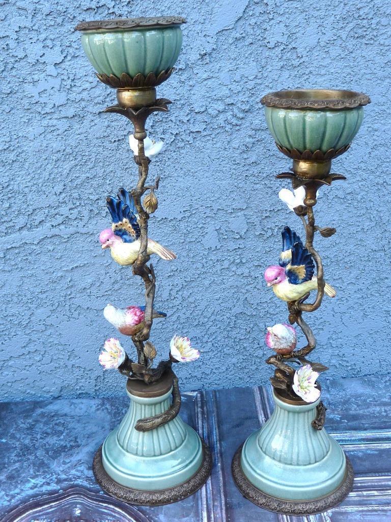 Mark Roberts Pair Of Songbird Candle Holders Candlesticks Porcelain & Bronze Art