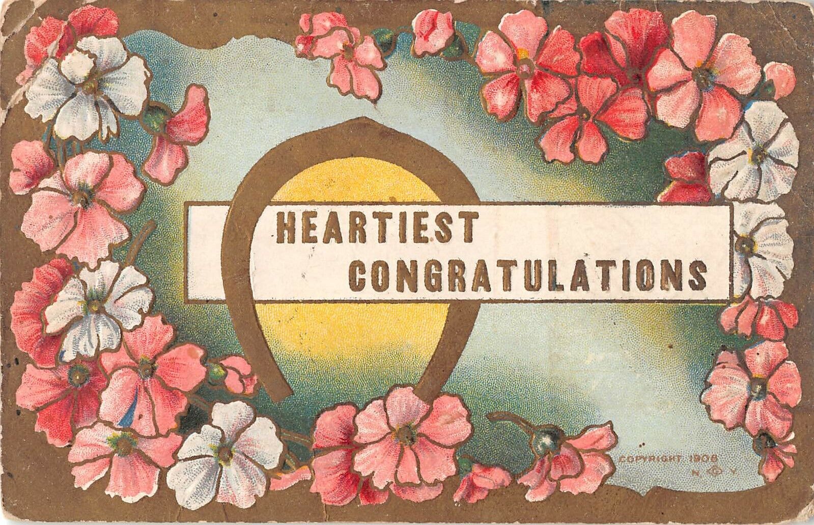 1909 Heartiest Congratulations Postcard-Horseshoe with Pink & White Primroses