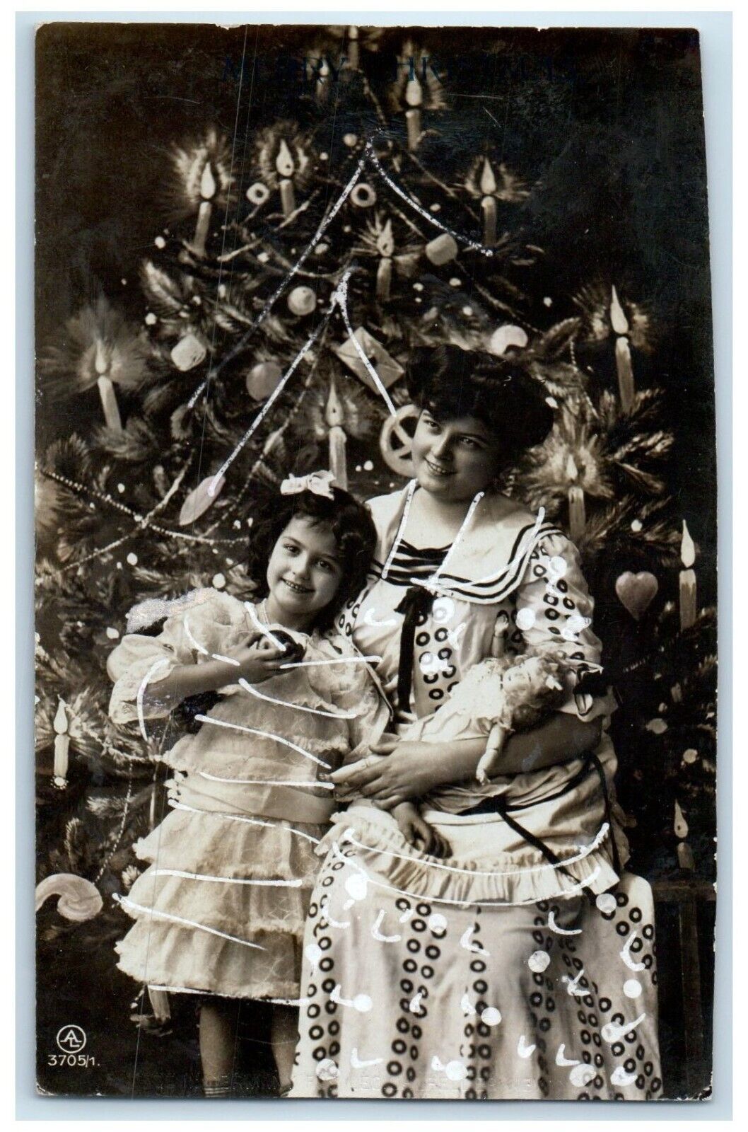 1911 Christmas Tree Decorated Mother And Daughter Garmet KS RPPC Photo Postcard