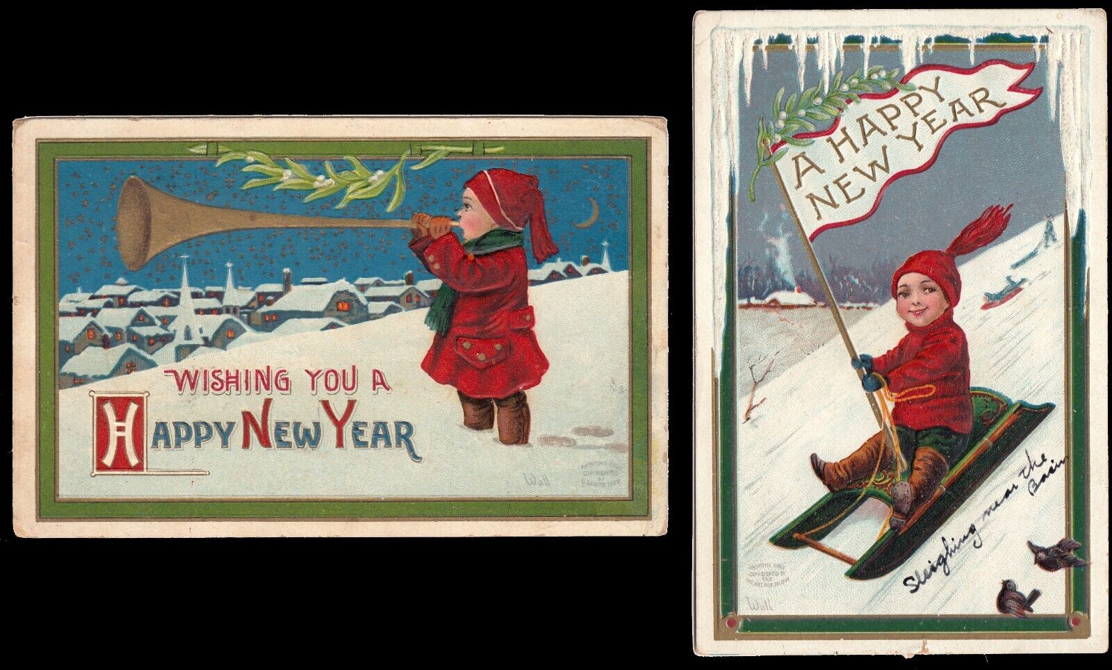 c1909 Lot of 2 New Years A/S Bernhardt Wall~Vintage Postcards~Horn & Sledding