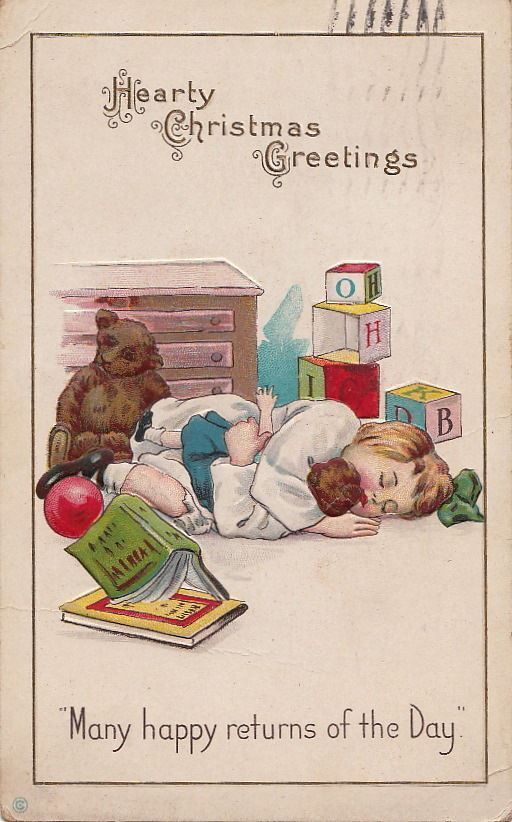 Postcard Hearty Christmas Greetings Little Girl Sleeping with Toys 