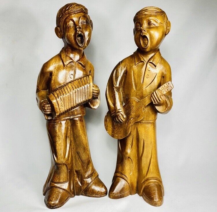 Pair large retro wood carvings 2 musicians Large 15.5” tall