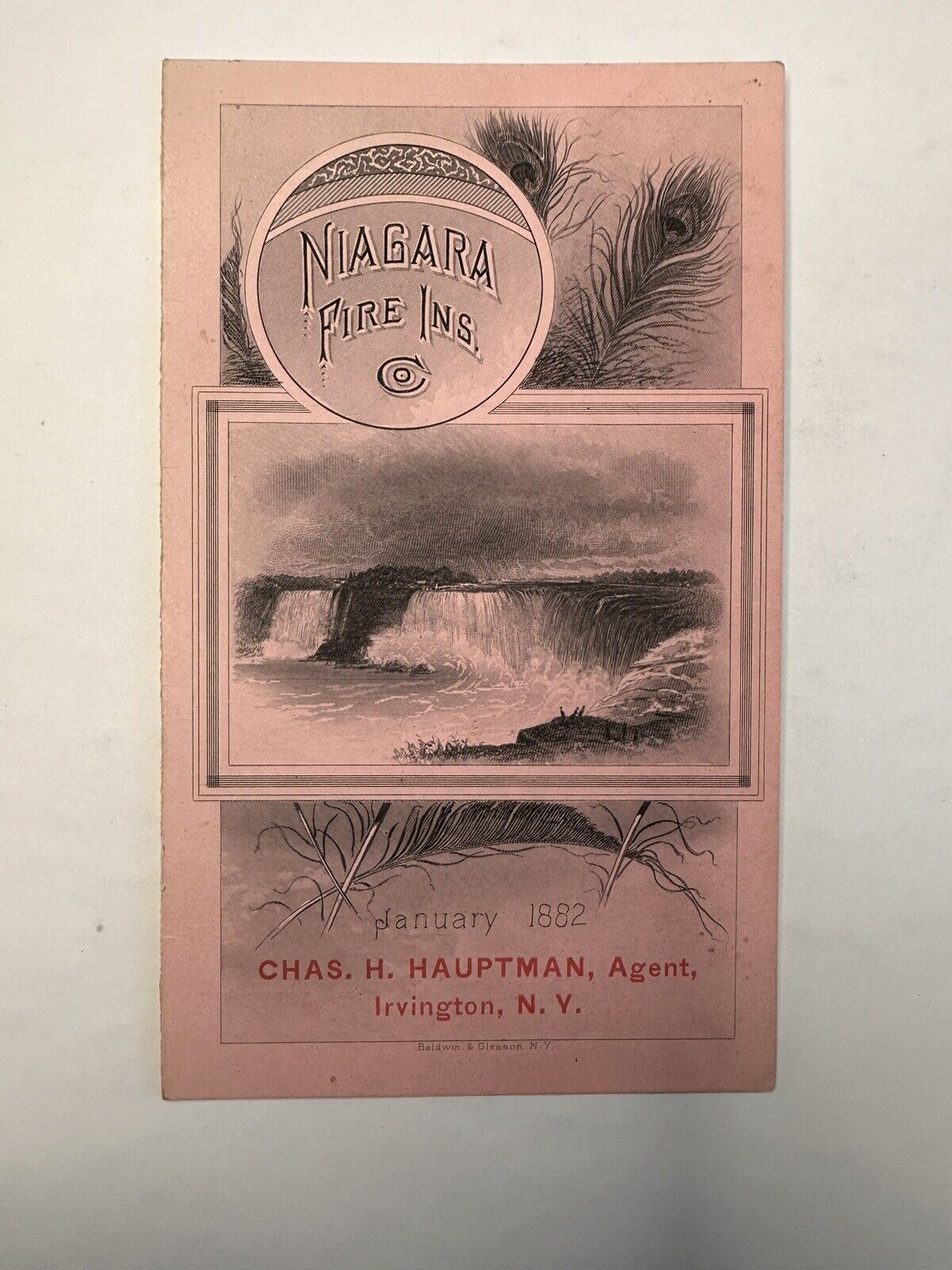 Antique trade card Niagara Fire Insurance 1882 Assets Hauptman Irvington NY B73