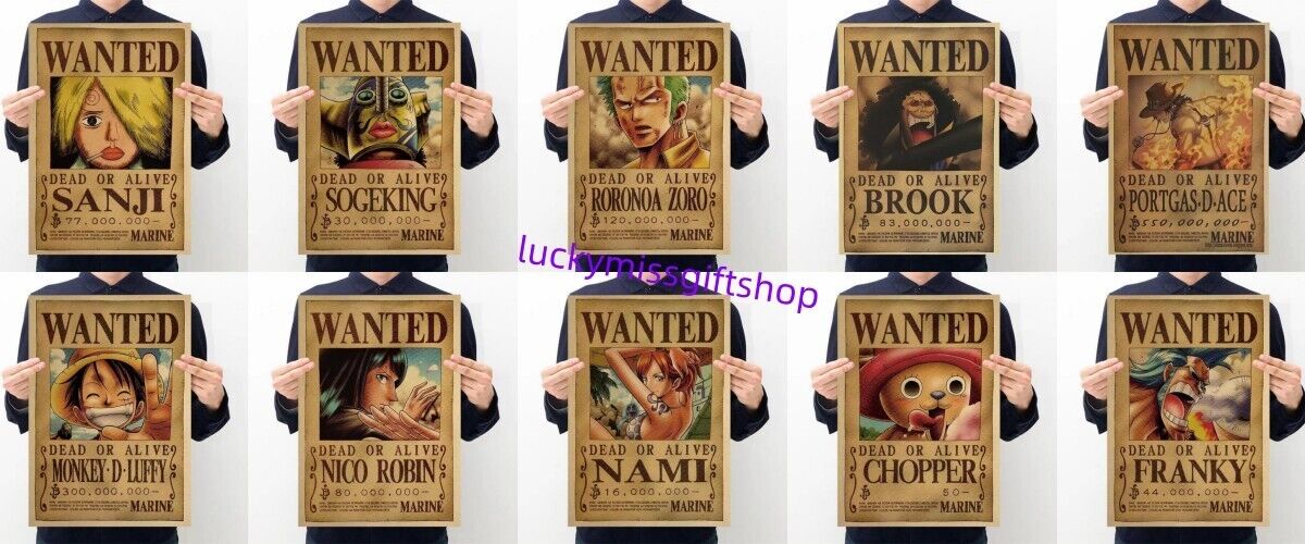 10 Pcs Anime One Piece Luffy Straw Hat Pirates Retro Wanted Posters US Seller