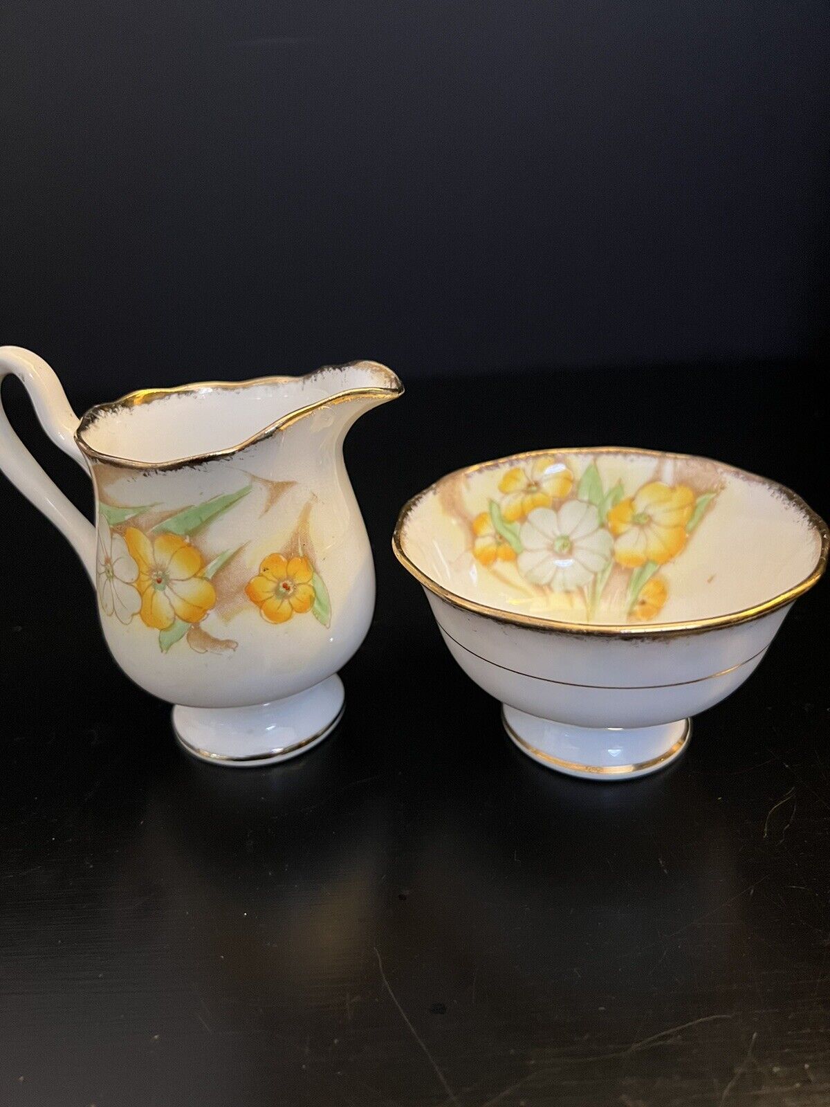 RARE Vintage Royal Albert Petunia Creamer and Sugar Bowl Set Yellow Gold Accents