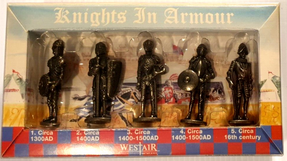 WESTAIR MCMLXXII KNIGHTS IN ARMOUR 5 Metal Figures by Westair Reproductions UK.