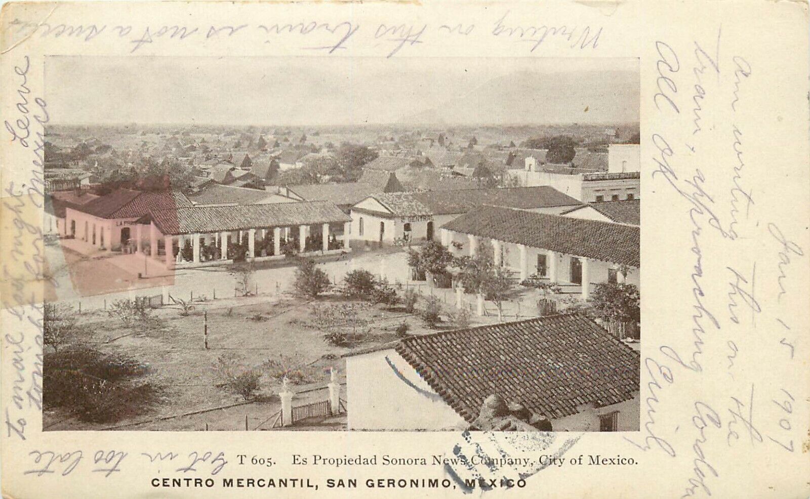 UDBK Postcard Mexico L085 Cancel 1907 Centro Mercantil San Geronimo Birds Eye 