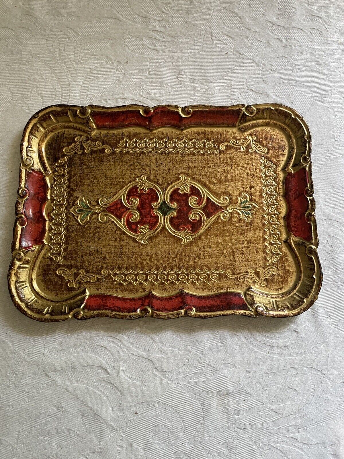 Vintage Italian Florentine Gilded Serving Tray/Trinket, Red & Gold Aram