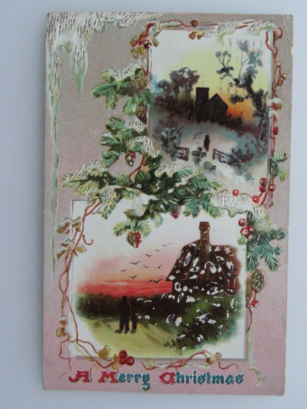 1909 Antique Postcard Embossed Merry Christmas Snow Scene Berries Pine A1616