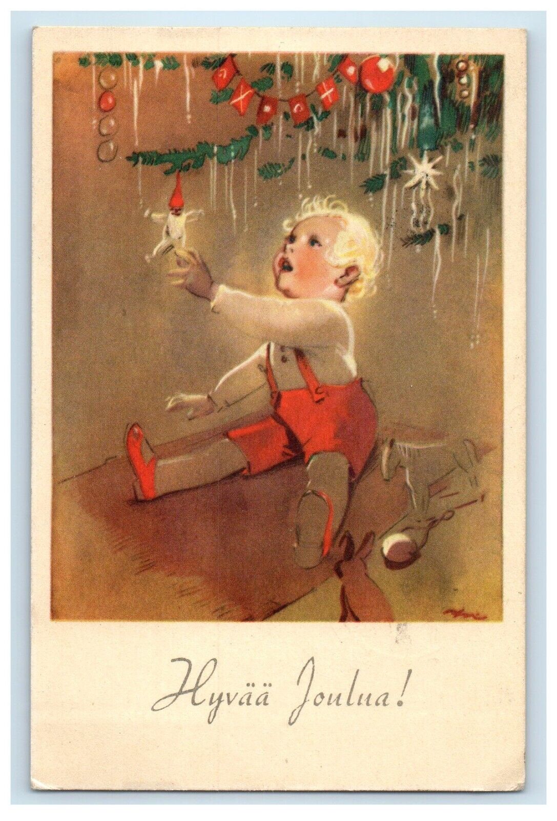 1948 Merry Christmas Hyvaa Joulua Baby Playing Christmas Decor Finland Postcard