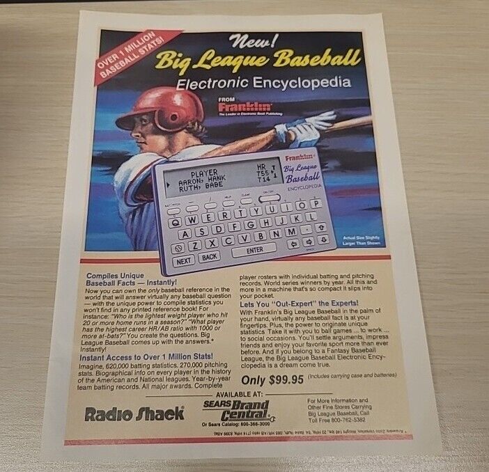 Vtg 1992 Franklin Baseball Electronic Encyclopedia Print Ad Genuine Magazine Ad