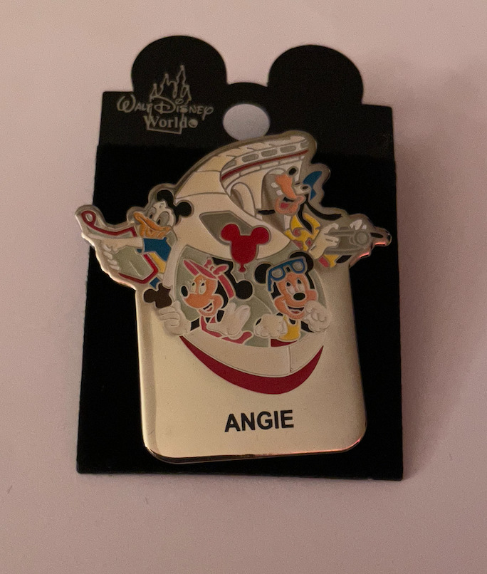 NEW Disney Pin on Card. Angie Name Pin. Mickey and Gang on The Monorail.