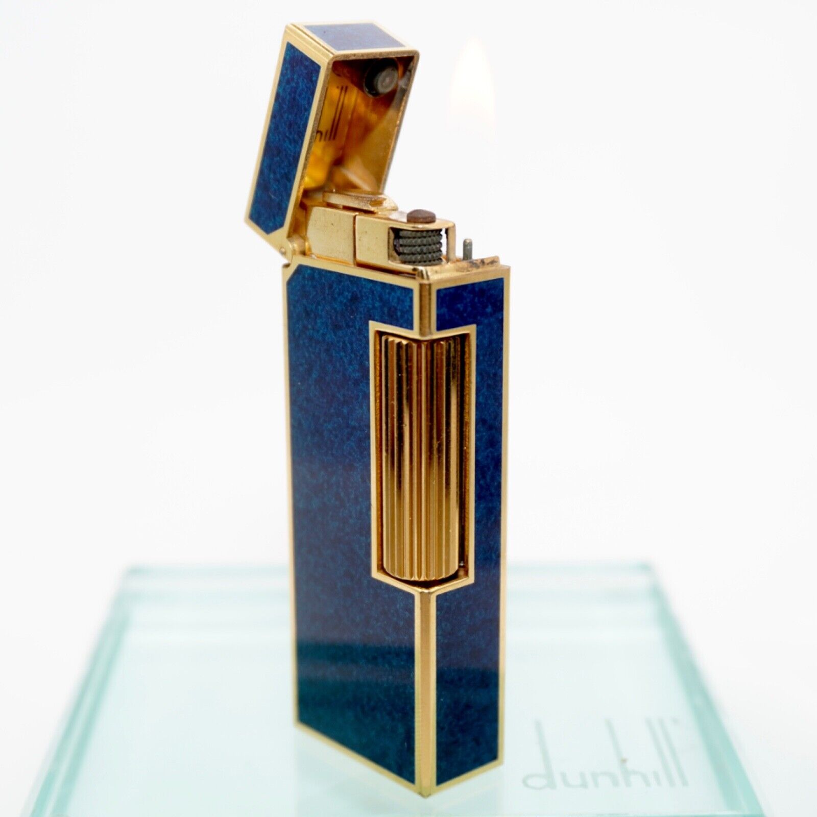 Rare Dunhill Vintage Rollagas Lighter Gold/Blue Ultrasonically Cleaned_WORKING
