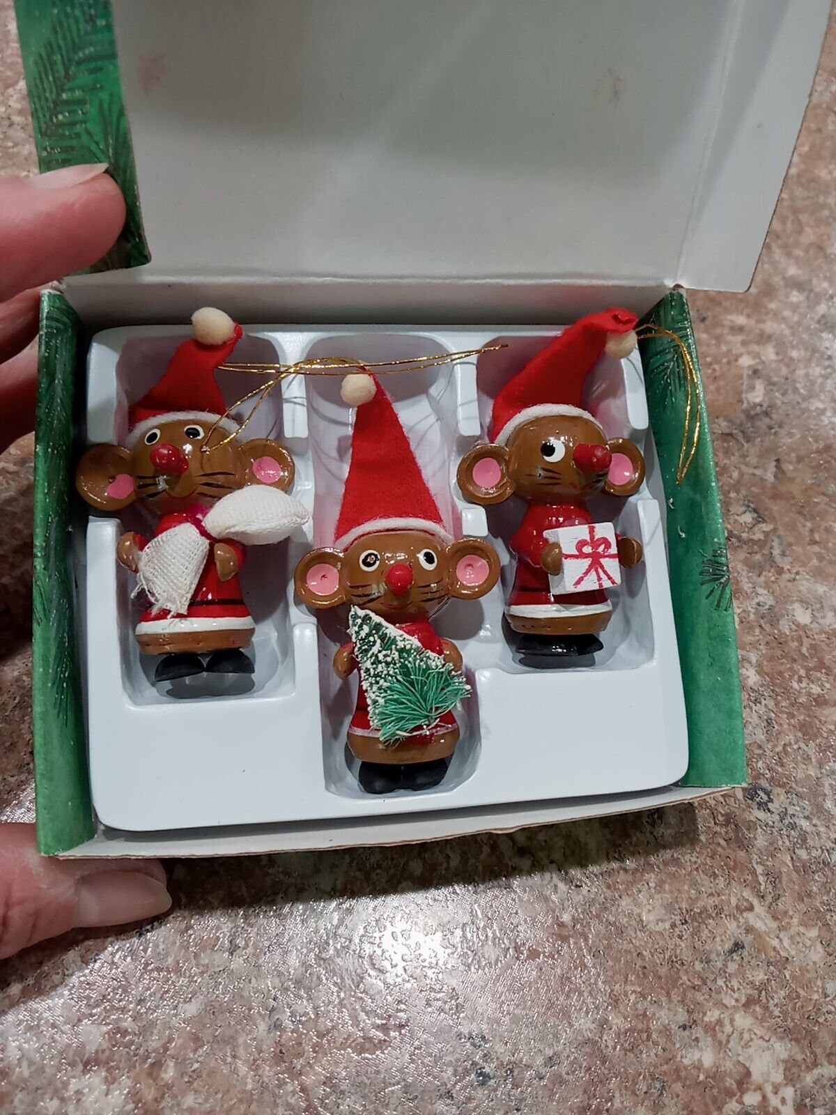 Vintage Tiny Wooden Merry Mouse Trio Mice Christmas Ornaments Handcrafted 2\