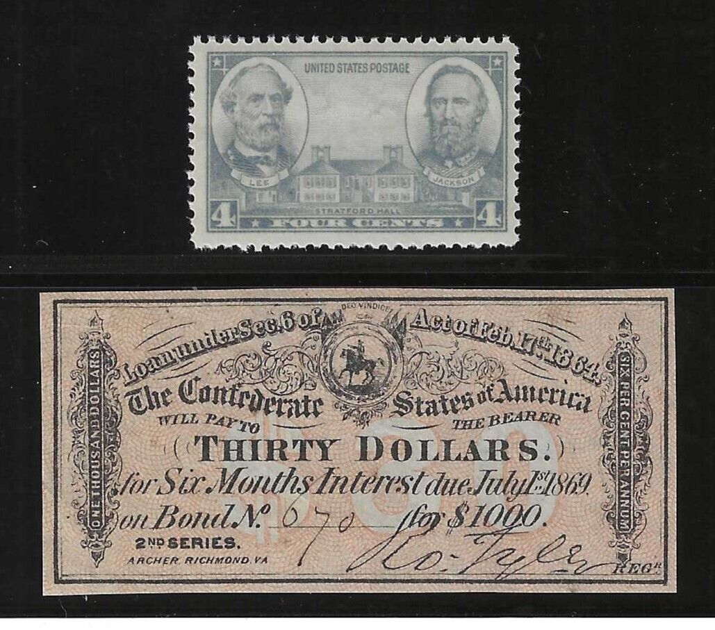 ORIGINAL CIVIL WAR 1864 $30 CONFEDERATE $1000 BOND COUPON + LEE / JACKSON STAMP