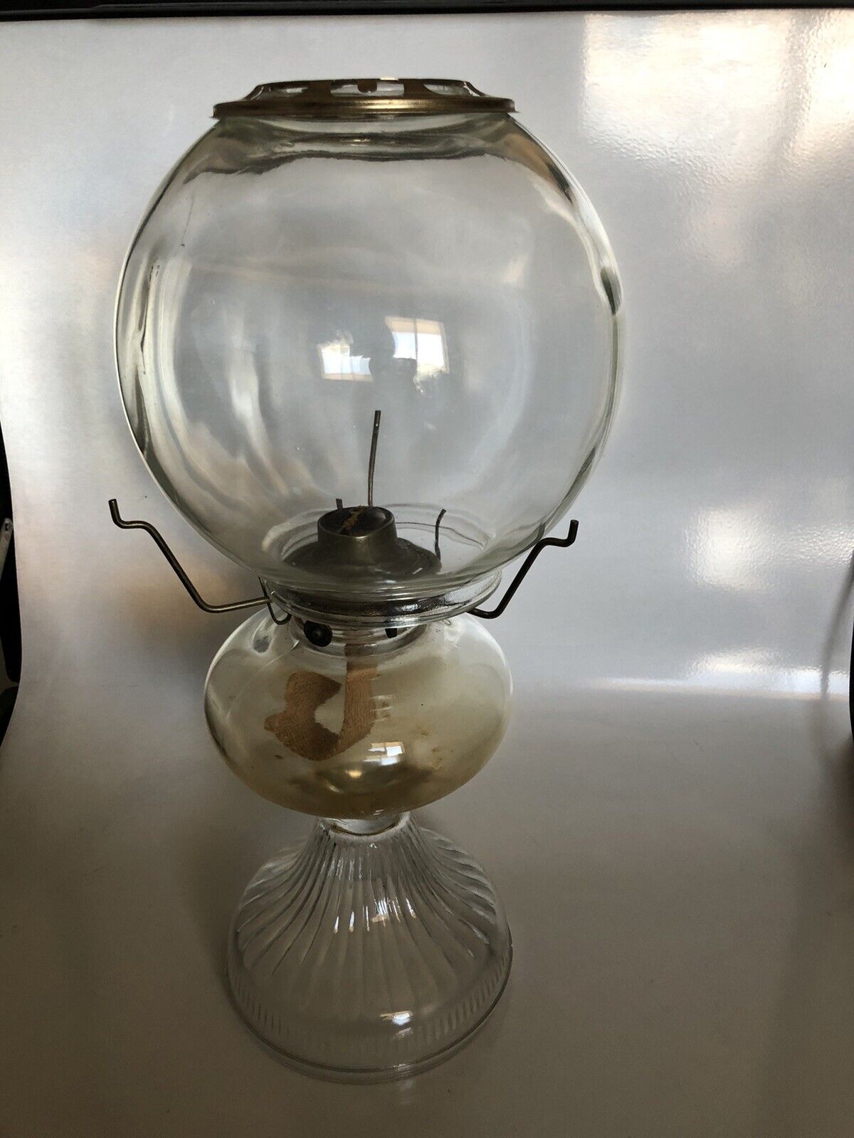 Vtg Queen Ann style Glass Kerosene Oil Lamp Balloon Shade & Rib Press Glass base