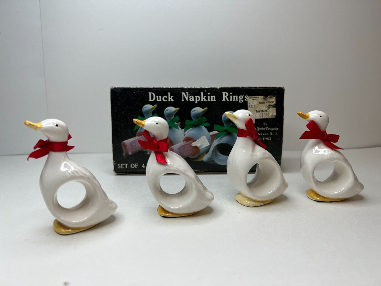 Vintage 1983 Ron Gordon Set of 4 Ceramic Duck Napkin Rings in Original Box
