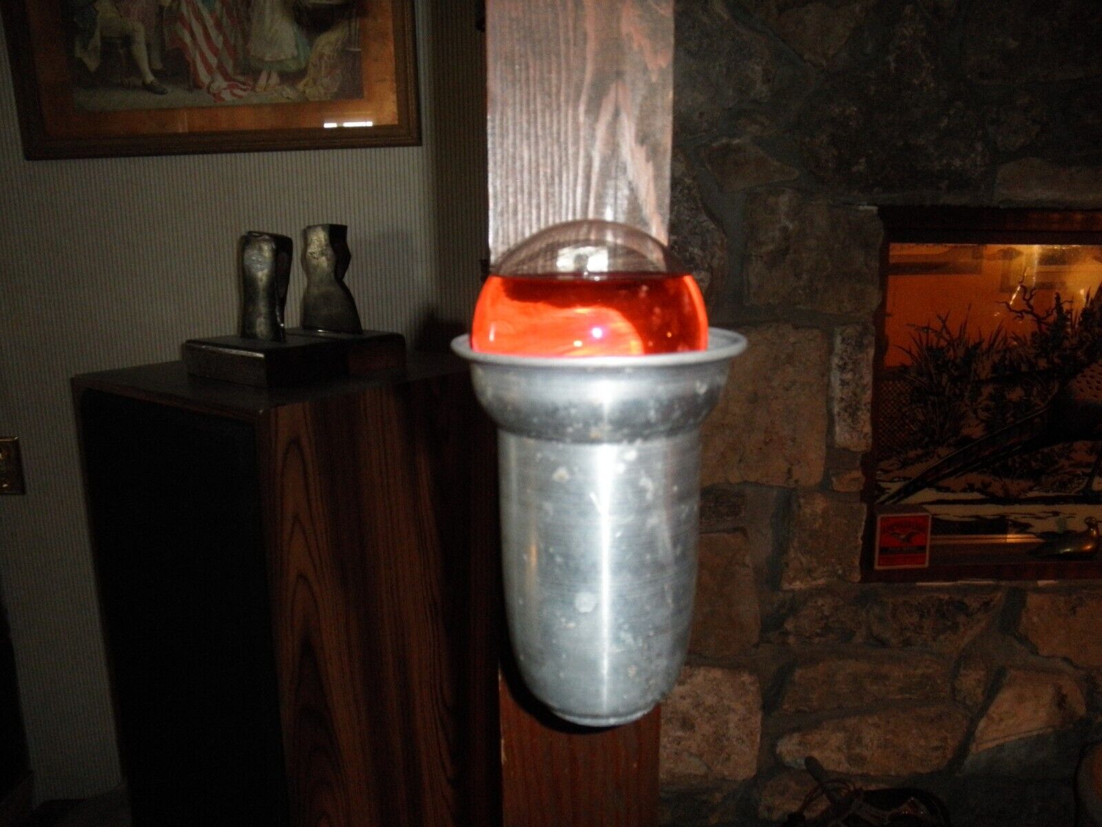 RARE antique RED BALL Glass Fire Extinguisher + holder  empty