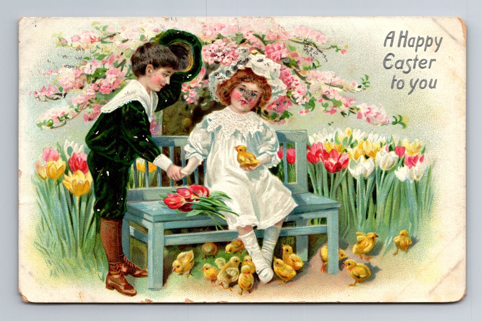 Easter Greetings, Children With Flowers, Chicks Embossed, Vintage c1910 Postcard