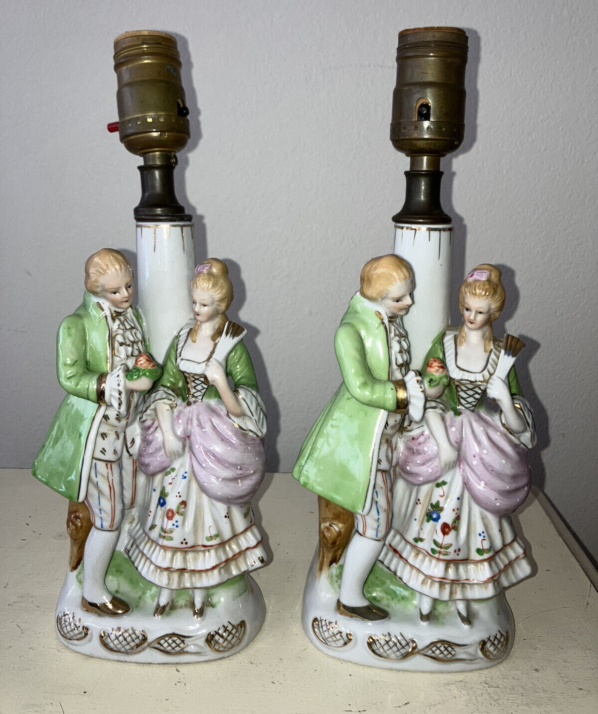2 Vintage Porcelain Victorian Courting Couple Boudoir Table Lamps Occ Japan Work