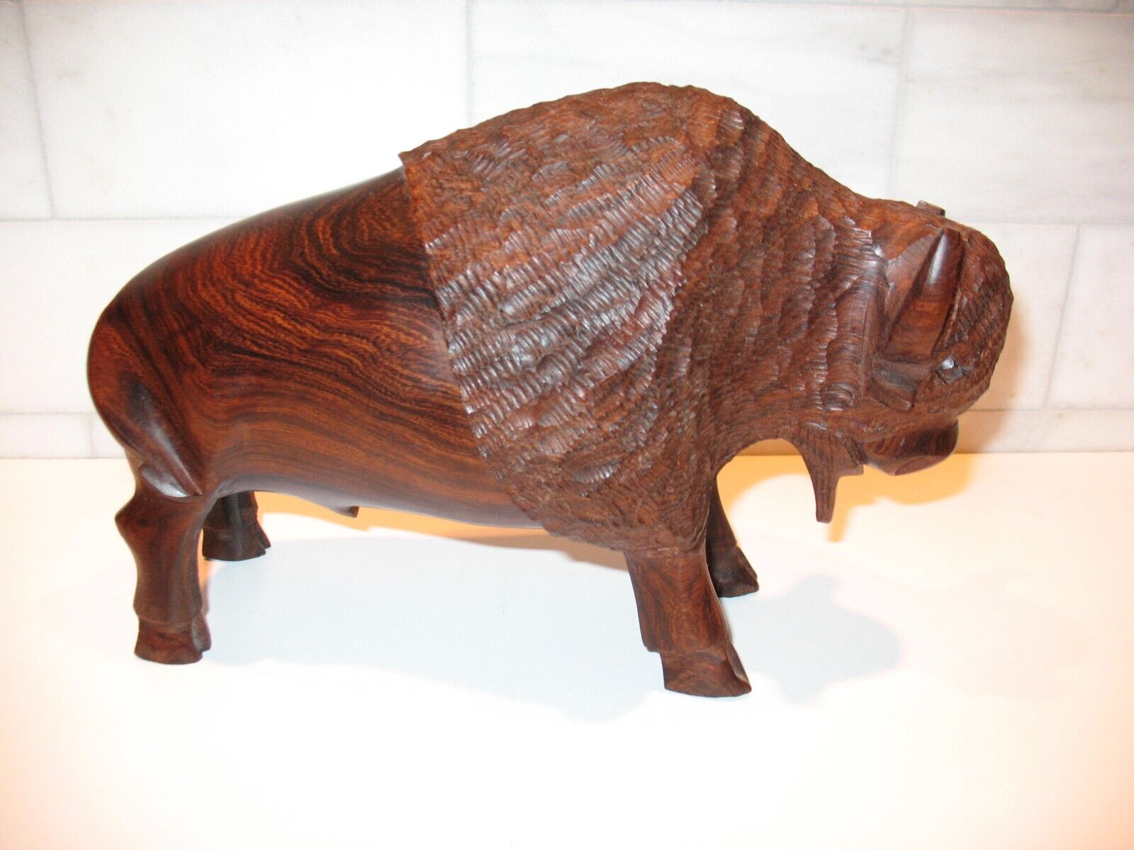 Vintage Buffalo, Iron Wood, Large Hand Carved Art Sculpture; Pristine