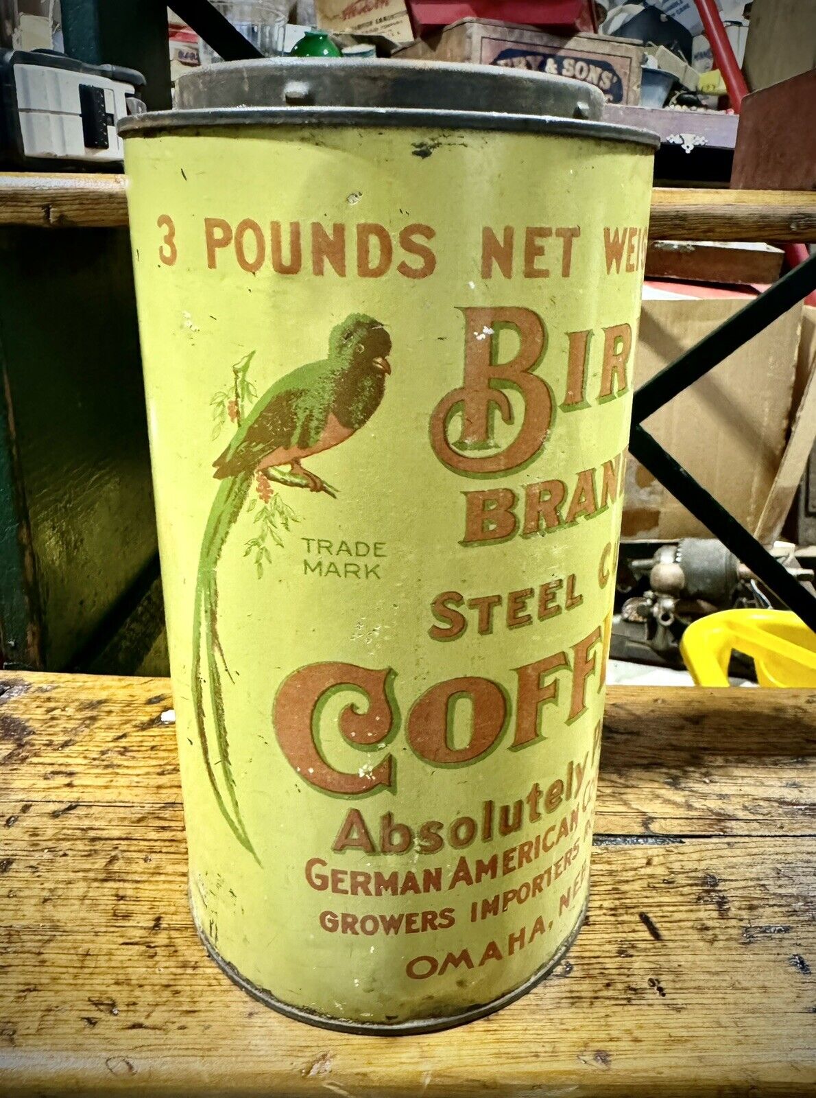 Rare 1900s BIRD BRAND STEEL CUT COFFEE ANTIQUE ADVERTISING TIN CAN 3 LBS