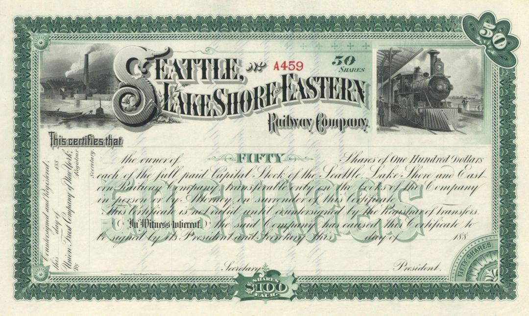 Seattle, Lake Shore and Eastern Railway Co. - Circa 1887-1896 Unissued Railroad 