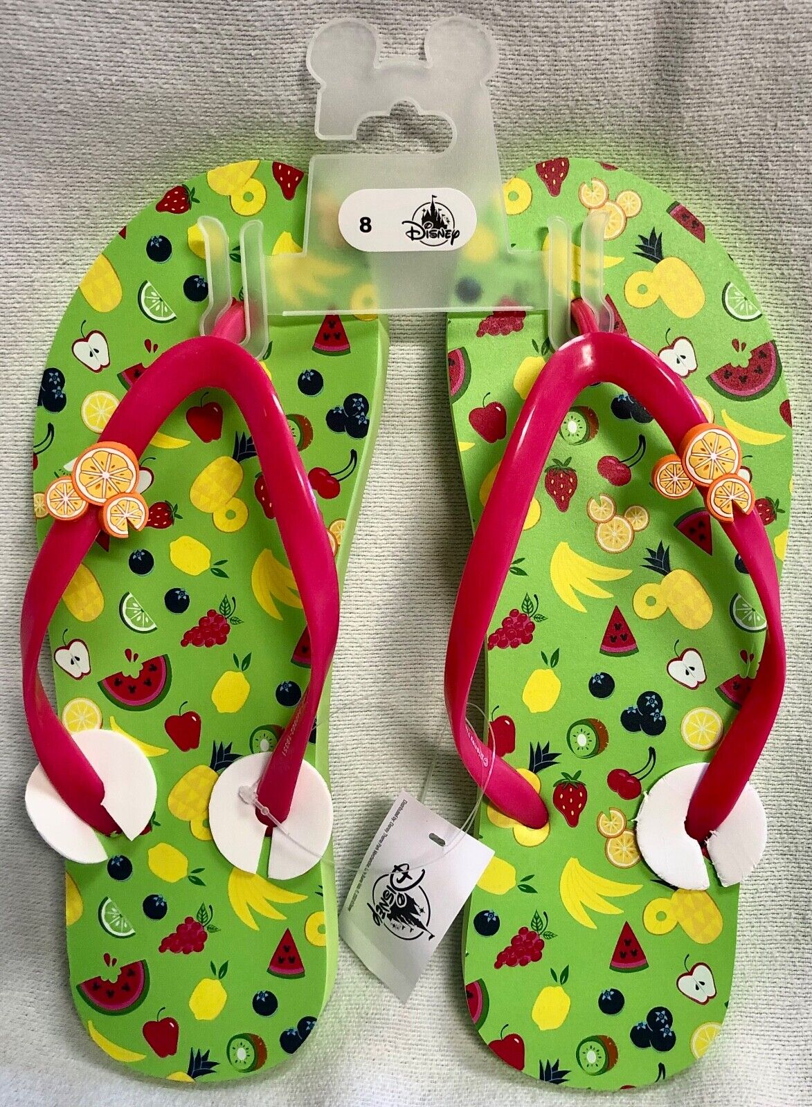 Disney Parks Fruits Flip Flops Ladies\' Size 8 Neon Green Mickey Mouse Sandals