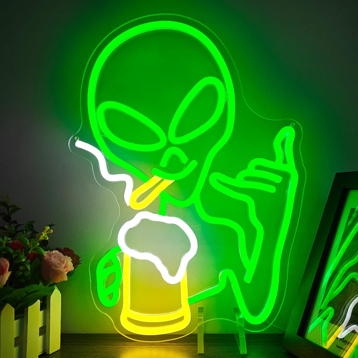 Green Alien Neon Sign for Wall Decor Dimmable Alien Beer Bar Neon Sign for Man C