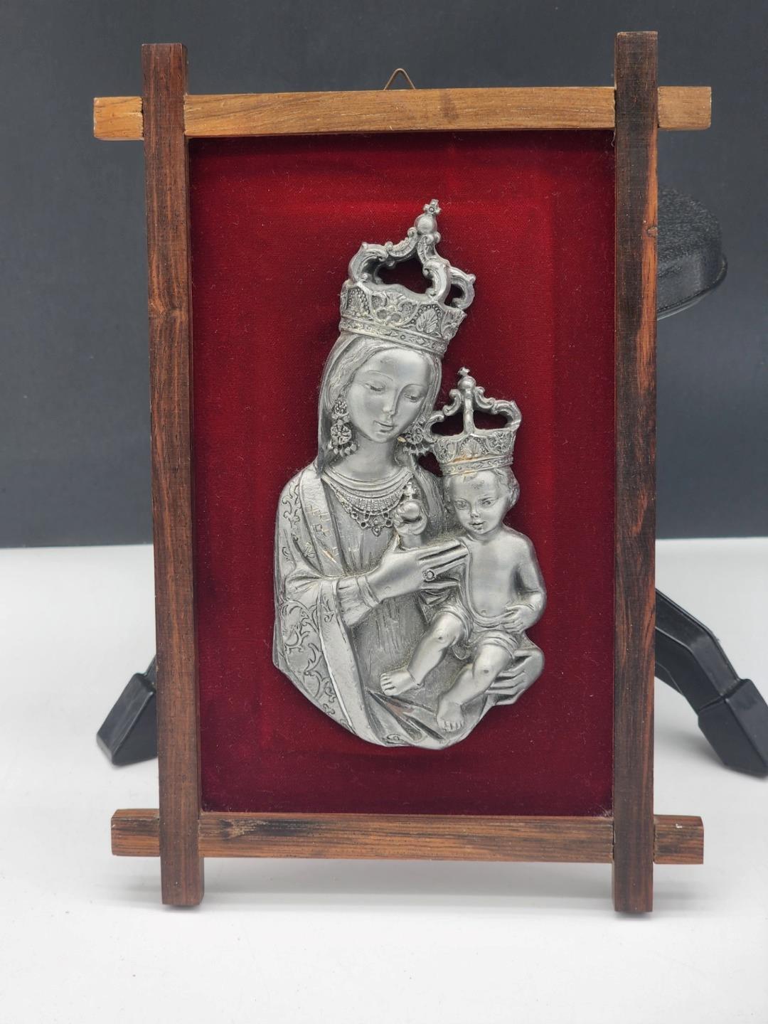 Vintage Signed SA Italy Pewter Silver Madonna Child Olive wood Frame Wall Hang