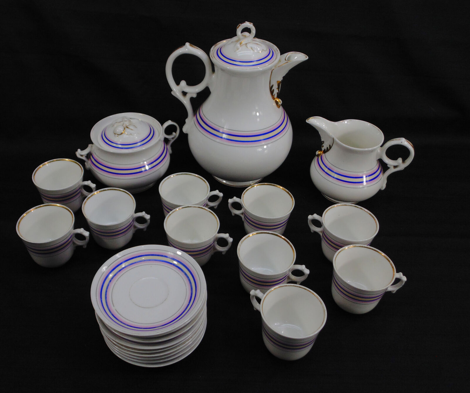 Antique Circa Late 1800's 22 Pieces KPM Carl Tielsch CT Art Deco Striped Tea Set