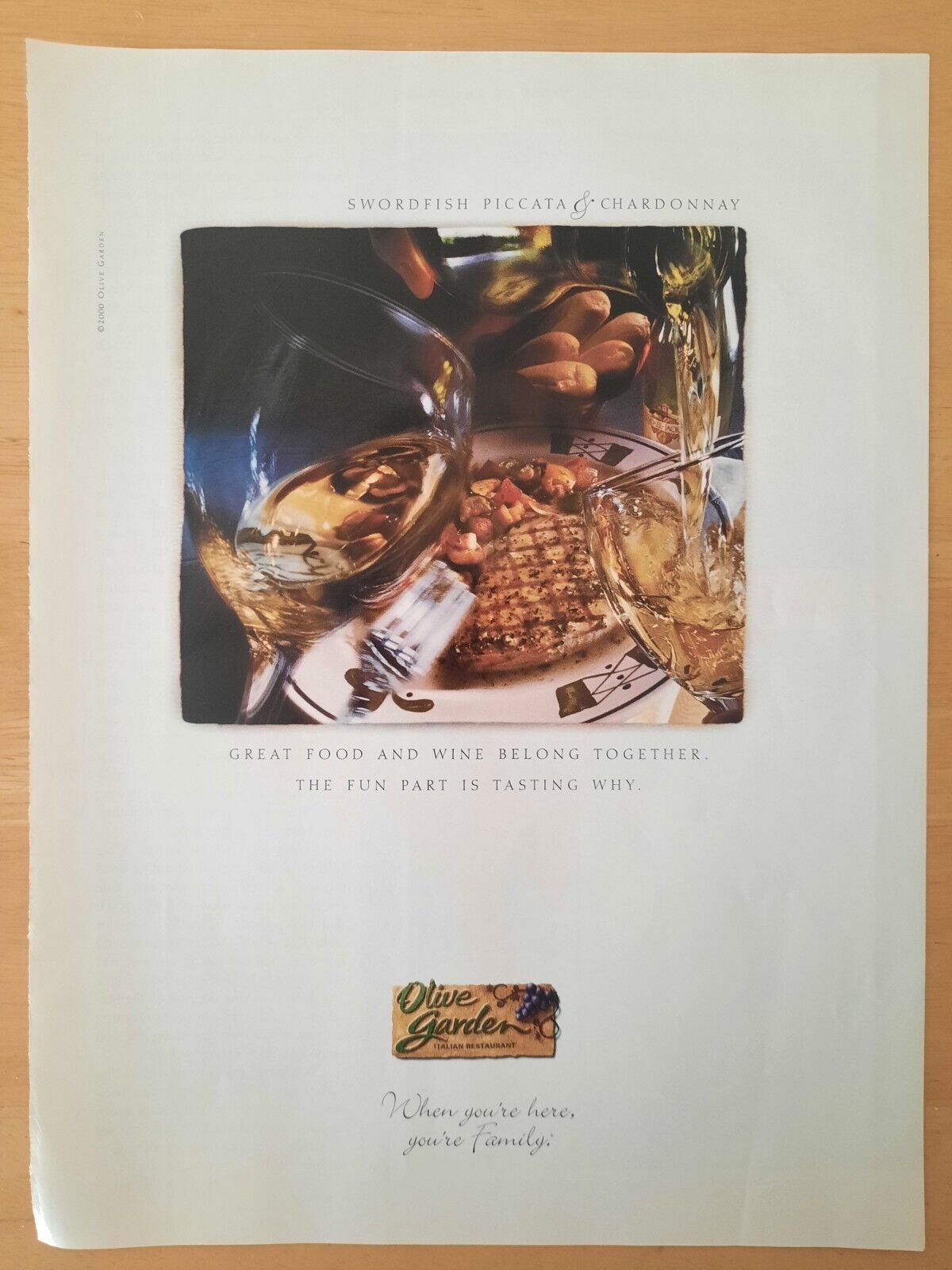 2000 Vintage Original Print Ad Olive Garden Swordfish Piccata & Chardonnay 