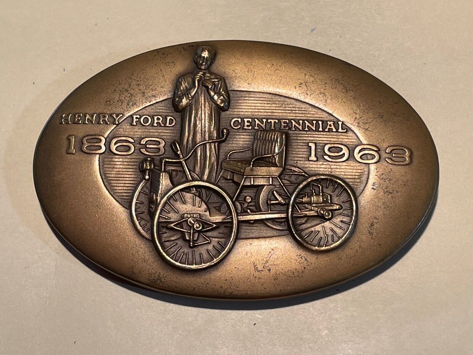 Bronze Ford 1863-1963 Centennial Medallion Paperweight - Metallic Art
