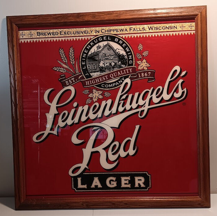 Vintage Leinenkugel\'s Red Lager Glass Foil Mirror 27 in X 27 Beer Sign Pub Bar