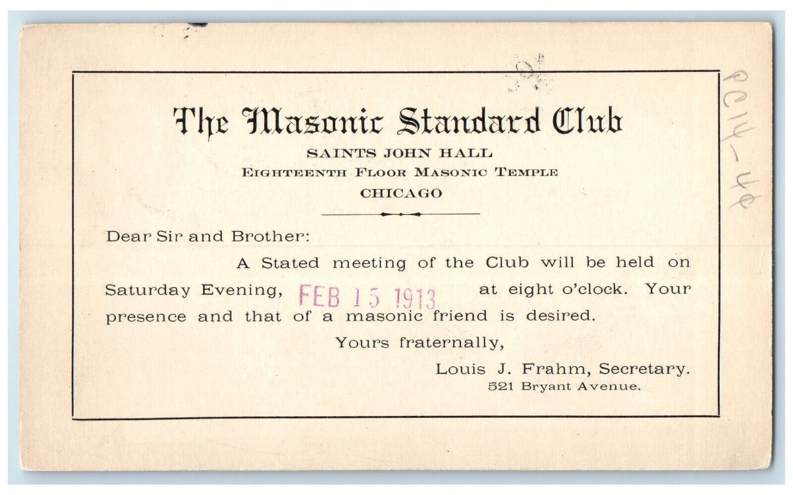 1913 The Masonic Standard Club Meeting Chicago Illinois IL Posted Postal Card
