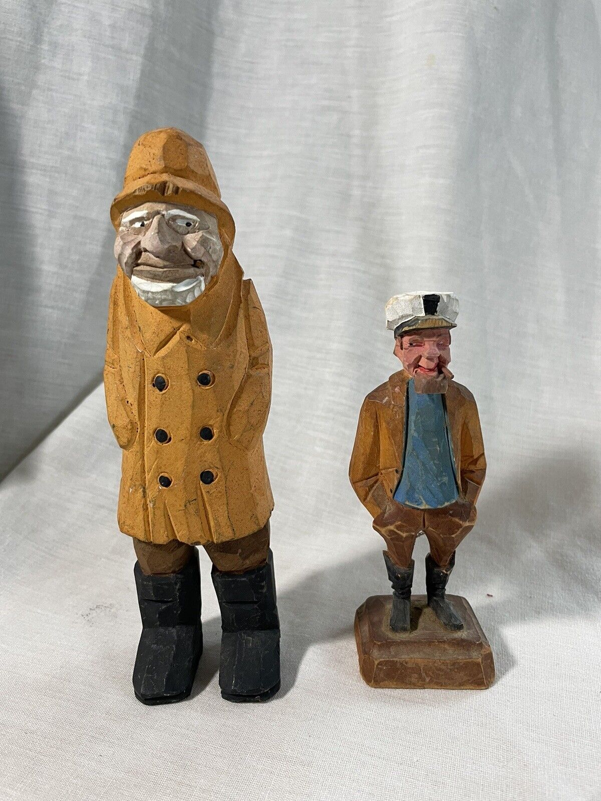 2 Vintage Wood Carved Sweden Sea Captain Fisherman Nautical Figures Sculptures