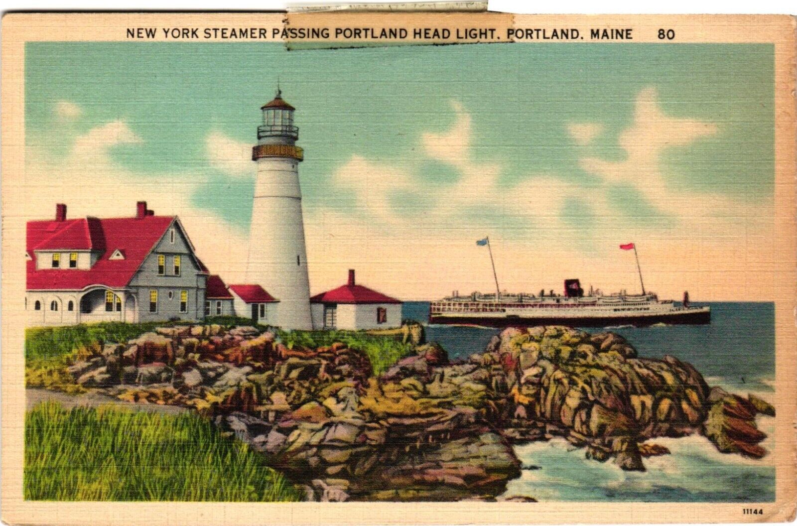 Postcard Linen New York Steamer Ship Passing Portland Headlight Portland Maine