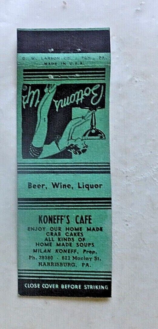 1940\'s Pinup Matchbook. Koneff\'s Cafe, Harrisburg, Pennsylvania. Bottoms Up. 
