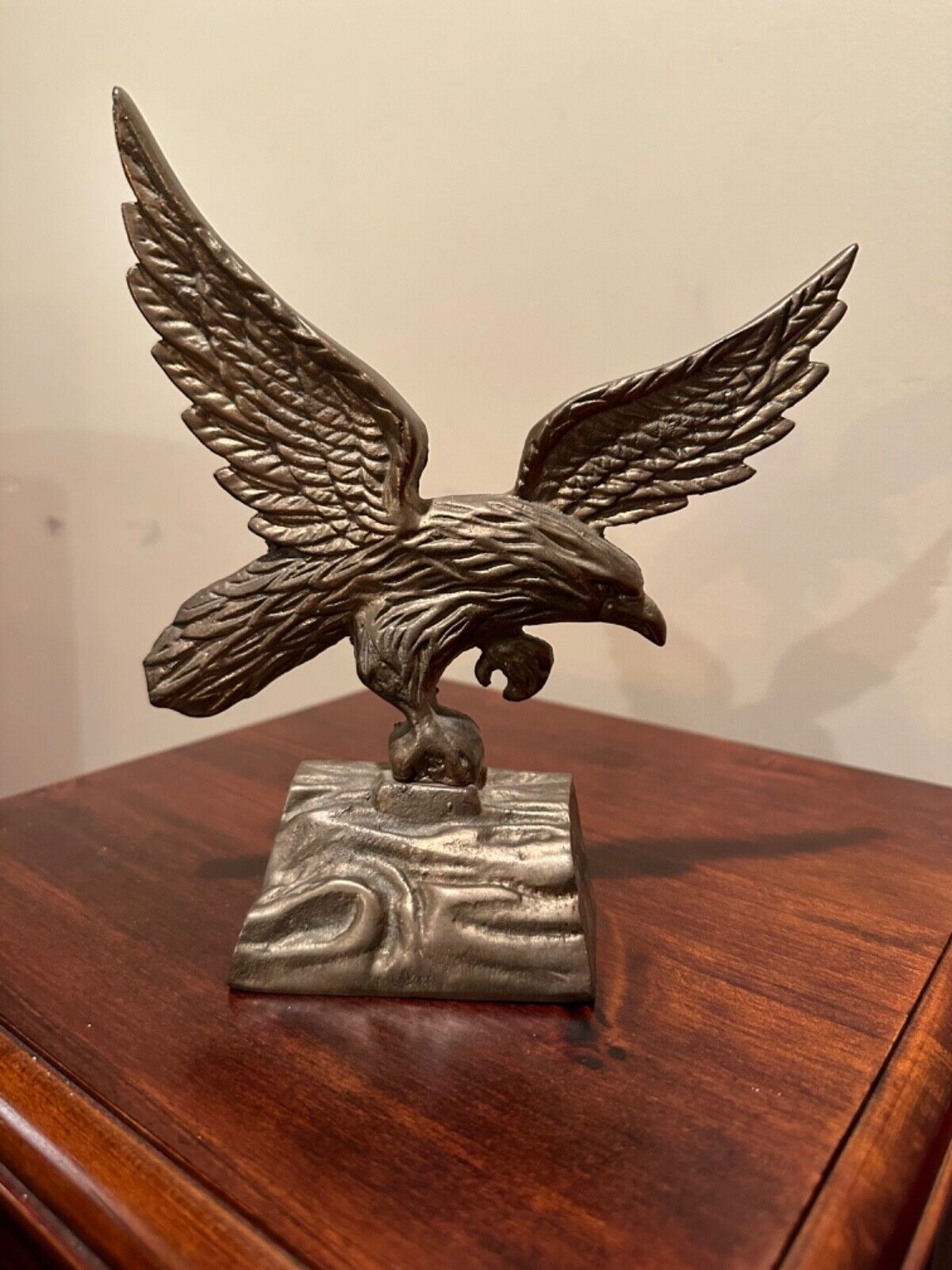 Vintage Solid Brass Eagle Statue On Log - flat back 7.5 inches high