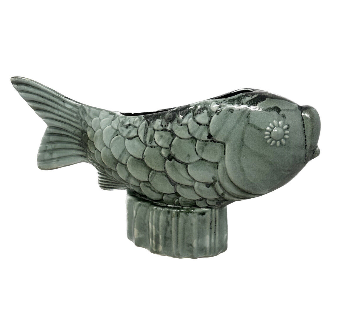 Royal Hickman Fish Planter Vase VTG Large Green Koi California Pottery 16”W