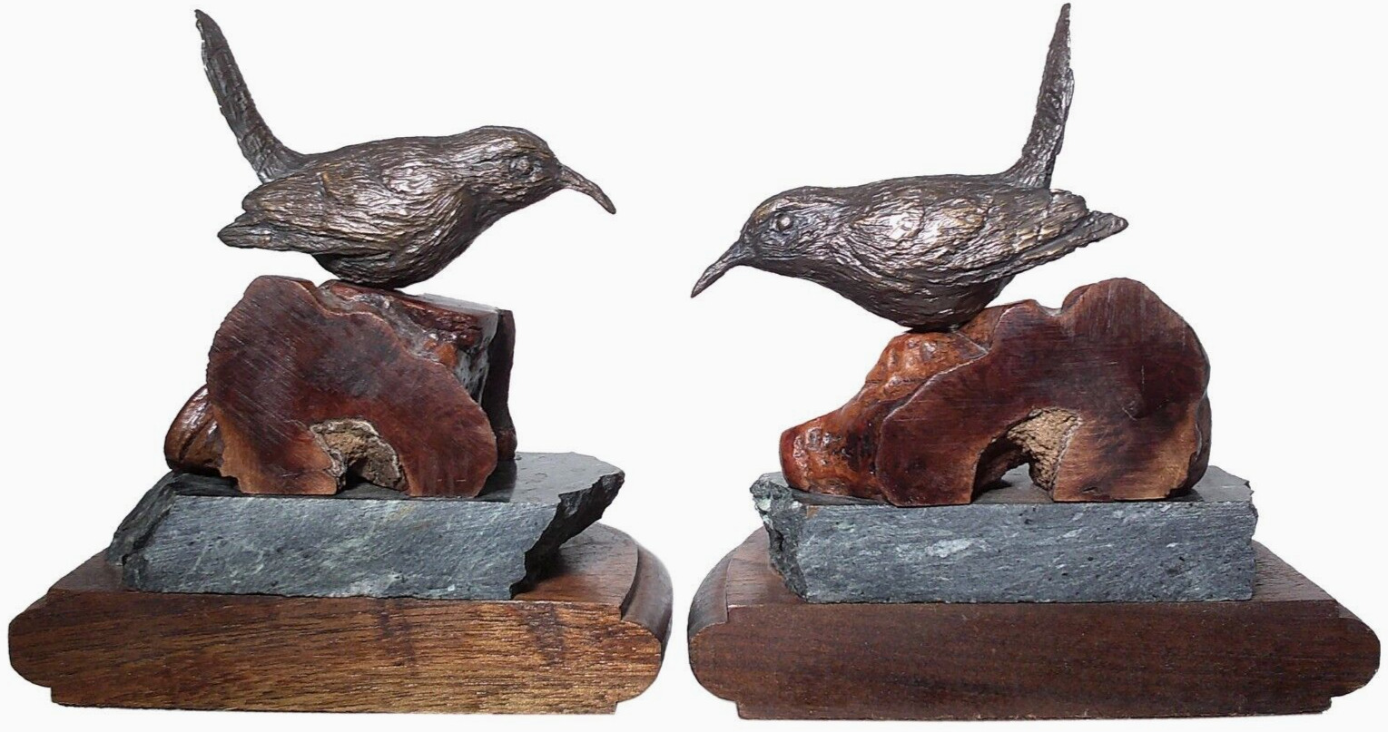 RARE PAIR EARLY-MID 20TH C ANTIQUE BRONZE WREN BIRD BKNDS, W/GRN MARBLE/WD BASES